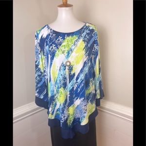 Alfred Dunner Abstract Print Attached Necklace Top L FREE SHIP